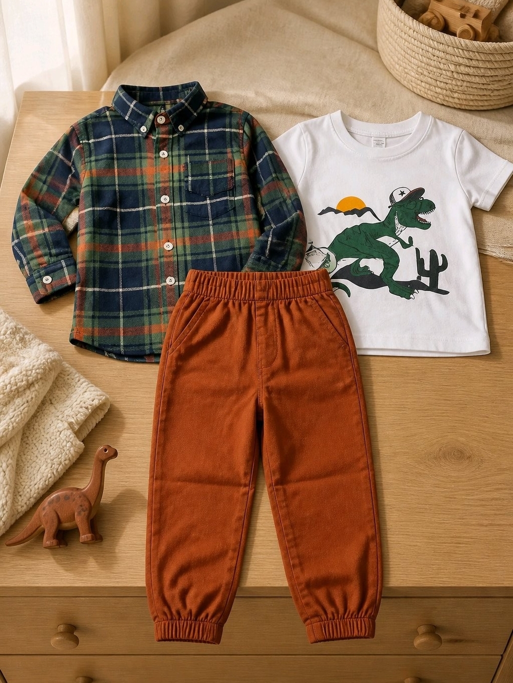 Kids 3-Piece Matching Set - Green Plaid Shirt, White Dino Tee & Rust Pants